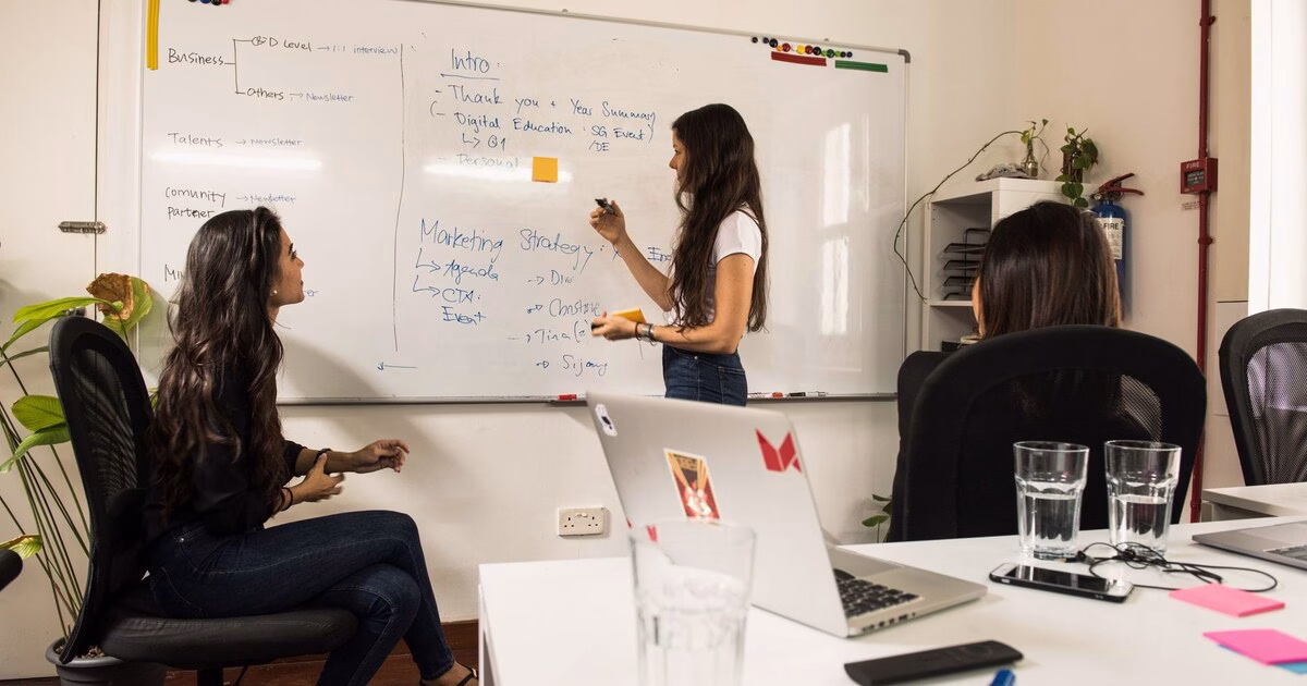 Three colleagues planning a marketing strategy on a whiteboard