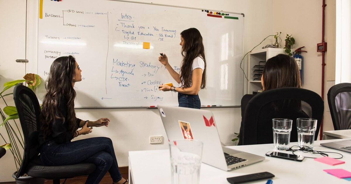 Three colleagues planning a marketing strategy on a whiteboard