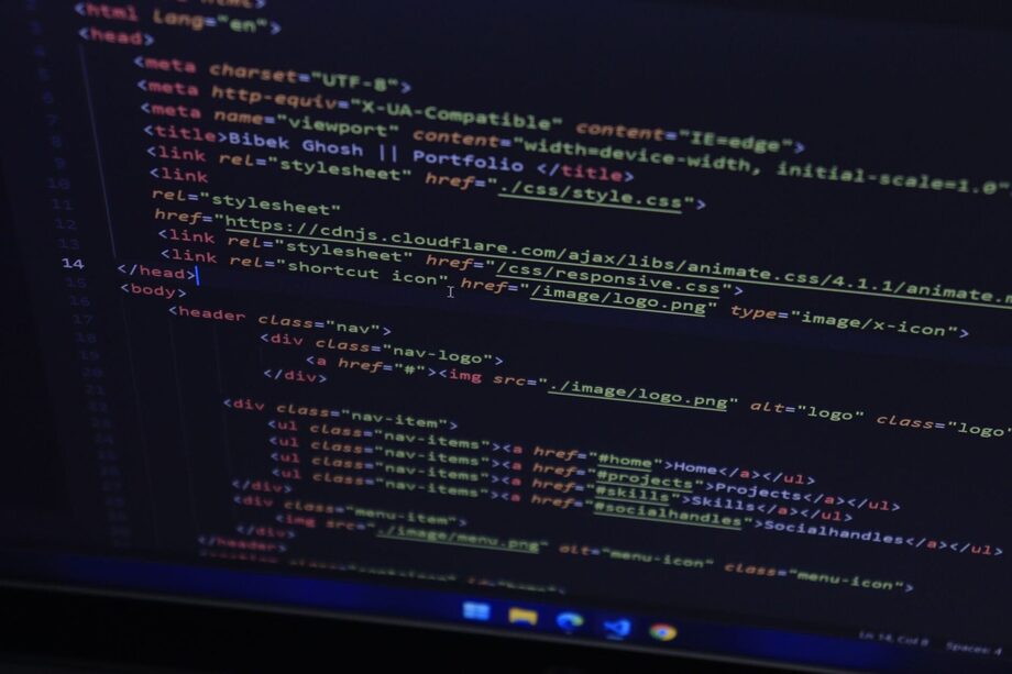 Website design and development — clean front-end code on screen during a build
